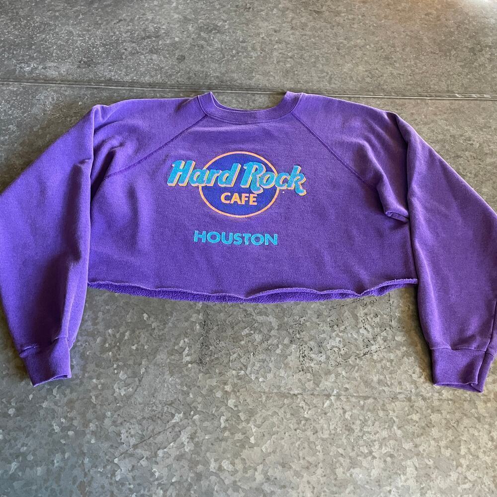 Vintage Hard Rock Cafe Houston Cropped Crewneck Sweatshirt Small Medium Purple